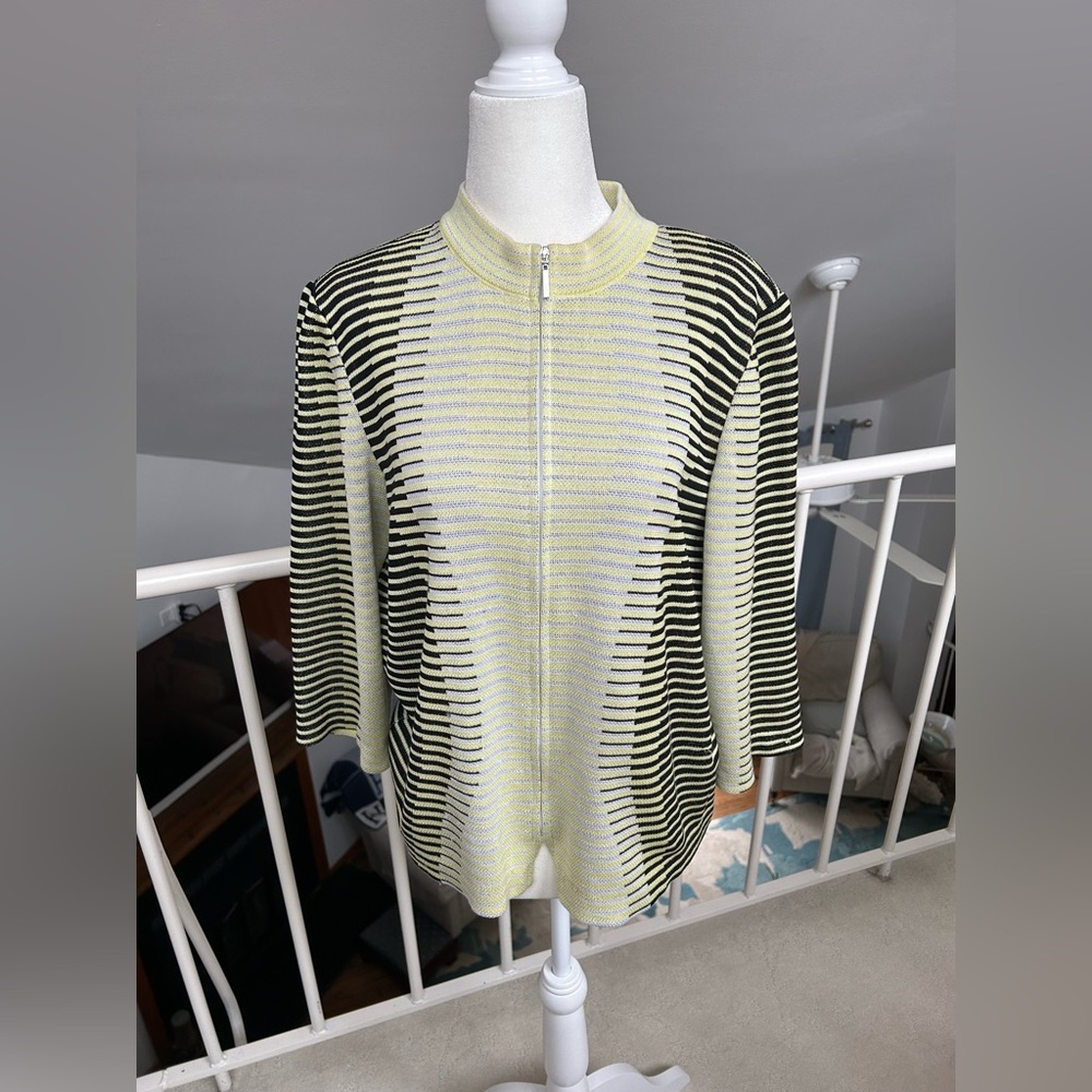 Ming Wang Size M Zip Up Sweater Striped Yellow Black Gray Modern Geometric